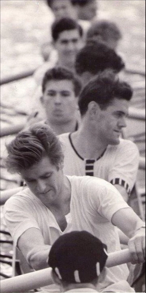 The 1957 1st VIII with John Russell in his familiar and fearsome role at stroke. At 7 is Johnny Northridge, 6 is Paul Mizen and Graham Tardif is at 4. The cox is Michael Howard-Johnston.