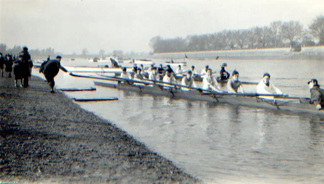 LRC 's HORR 1948 2nd VIII returns to the stools after finishing the HORR in 1948. Morrison is at 6. 'Stools' were the wooden platforms from which LRC and other Putney club crews used to embark and disembark in the days when clubs had boatmen/watermen. They went out of use some time in the 1970s.