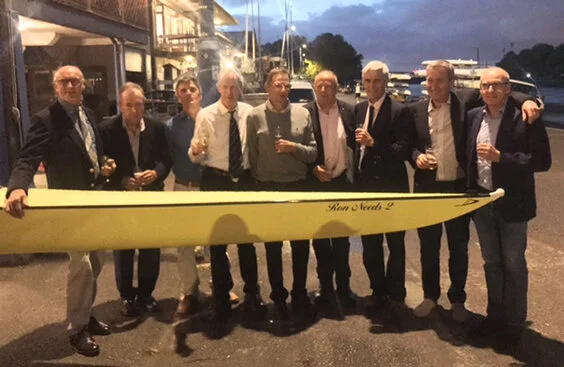 Crew members from Ron’s LRC multiple winning crew: (left to right) Dr. Paul Stewart-Bennett, Chris Drury, Peter Zeun, Dr. Chris George, Colin Cusack, Ian Wilson, Duncan Innes, John Melvin and Robert Downie.