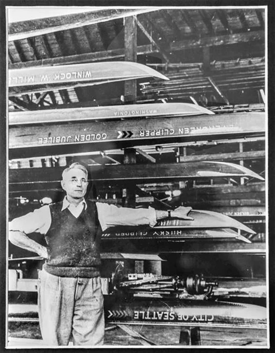 George Pocock with a collection of his shells, including the 1936 Olympic eight ‘Husky Clipper’.