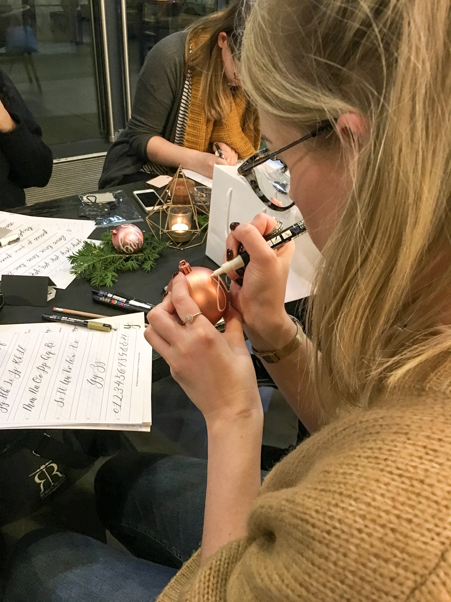 Christmas faux calligraphy on baubles during my hand lettering workshop in Leeds