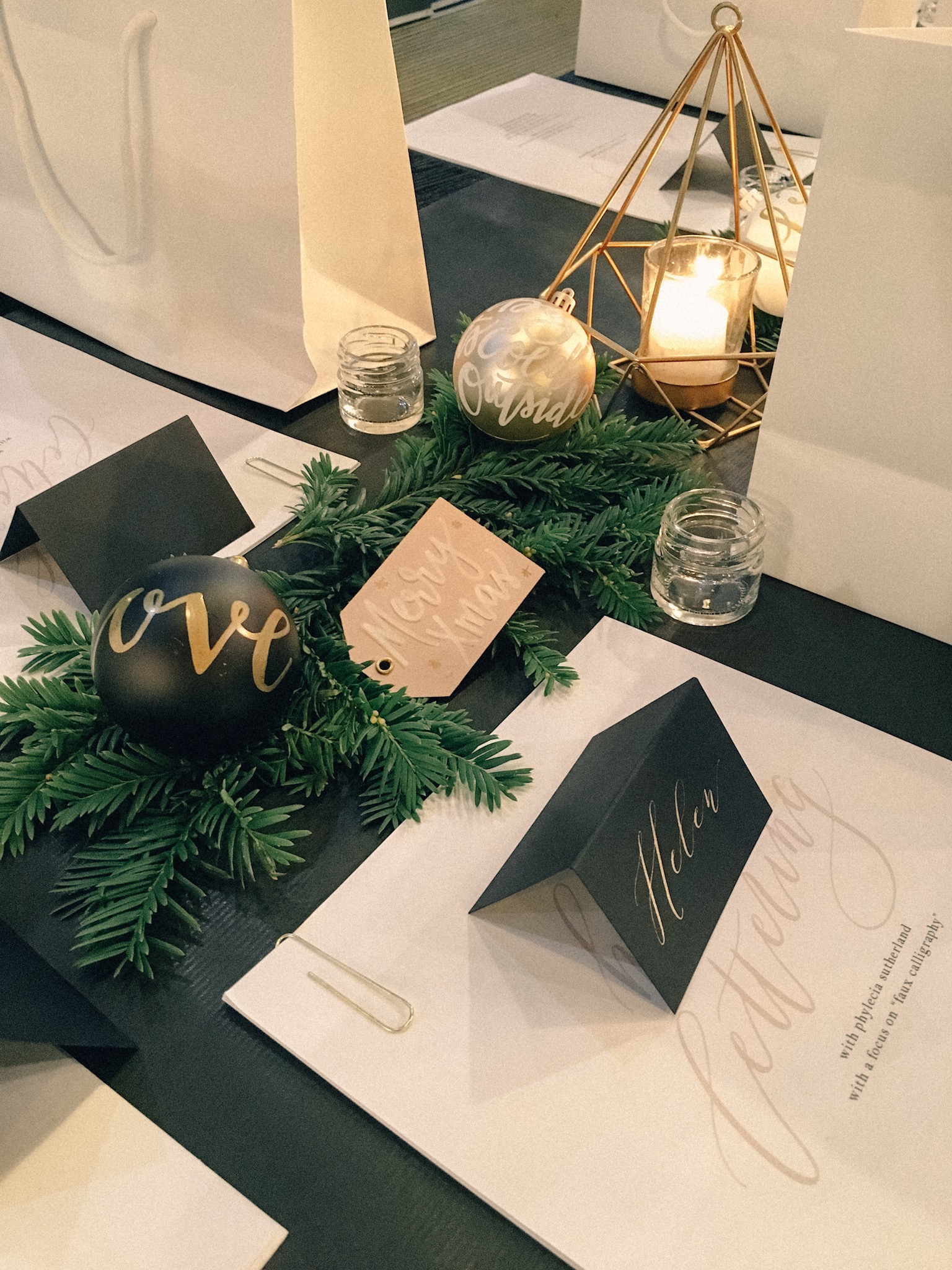 Set up for Christmas faux calligraphy workshop in Leeds, Yorkshire