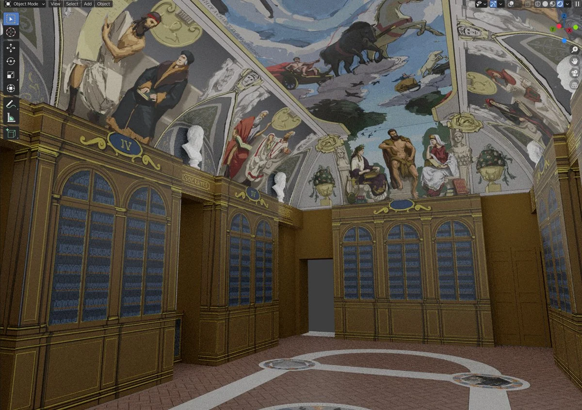  3D mockup to test the designs. We created a simplified digital model to evaluate proportions and spatial perception; due to challenges of the painting’s perspective, the design evolved into a vaulted ceiling starting above the bookcases. 