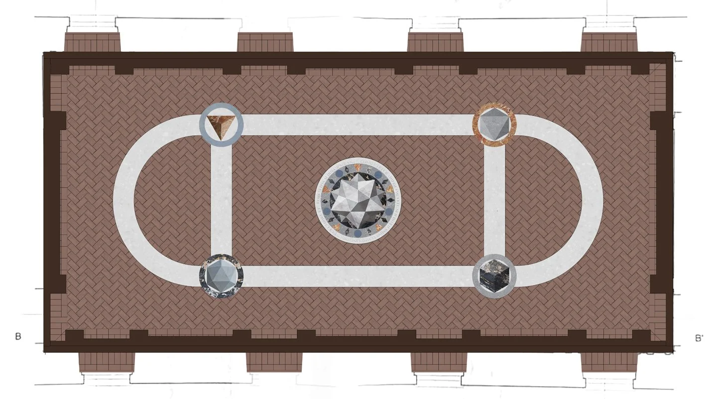  The final floor design I made. Leonid Ilyukhin printed the ornaments in different sizes to test them in the hall to determine the final proportions. 