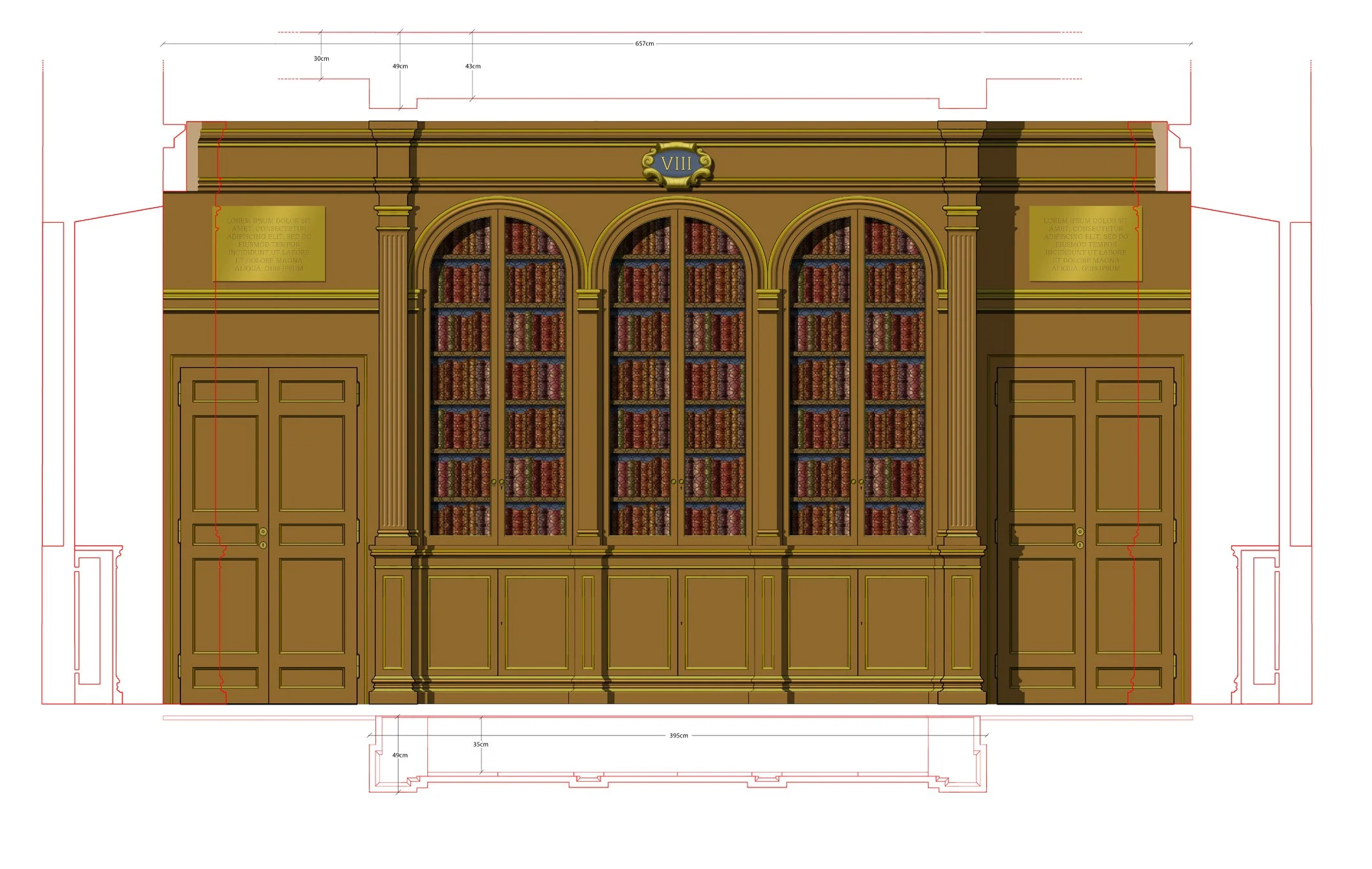  This was the final library design I produced. It was entrusted to  ETdM Design , who implemented the necessary adjustments to ensure its proper realization, and were responsible for the fabrication and installation of the bookcases. Short side of th