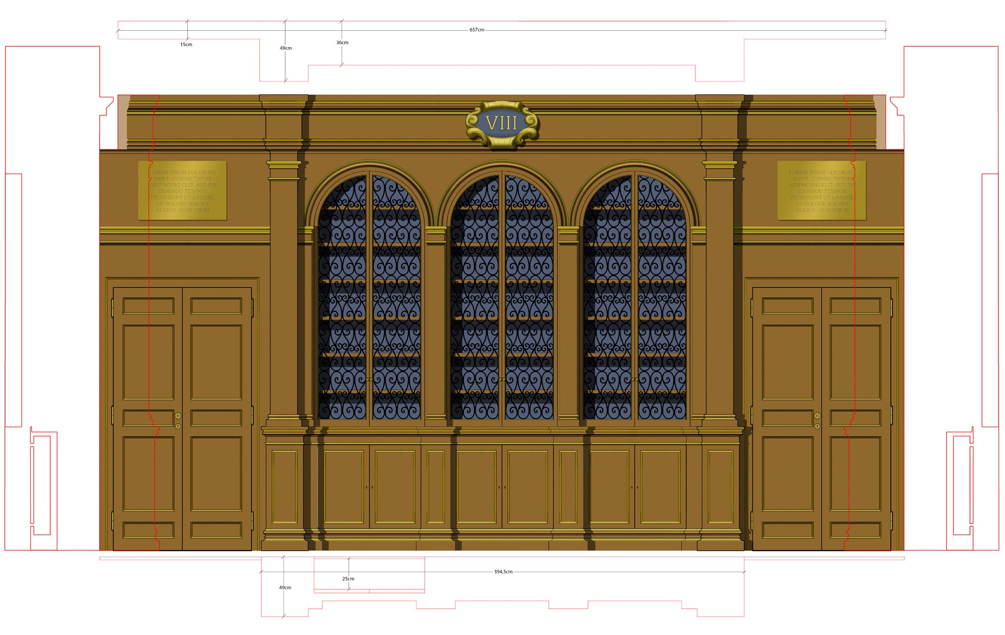  When I joined the project, I was assigned to work on the bookcases and floor, in order to allow the lead artist to devote more time and focus to the most complex and demanding aspect of the work: the painted ceiling. This was the first design I deve