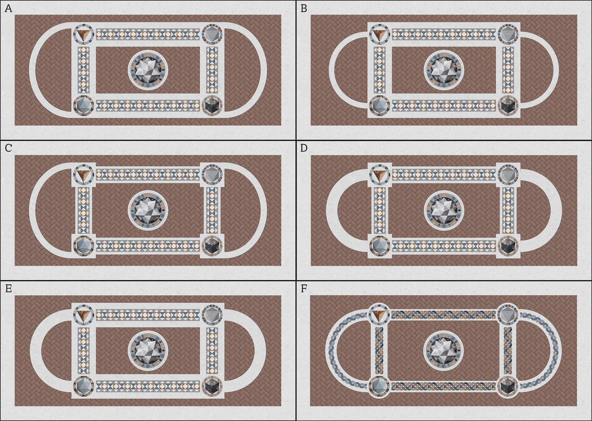  Floor design variations I developed based on Leonid Ilyukhin’s preliminary sketch, exploring different configurations for the marble and cotto floor inspired by Platonic solids and ornamental patterns. In this process, Pier Luigi Rocca, founder of  
