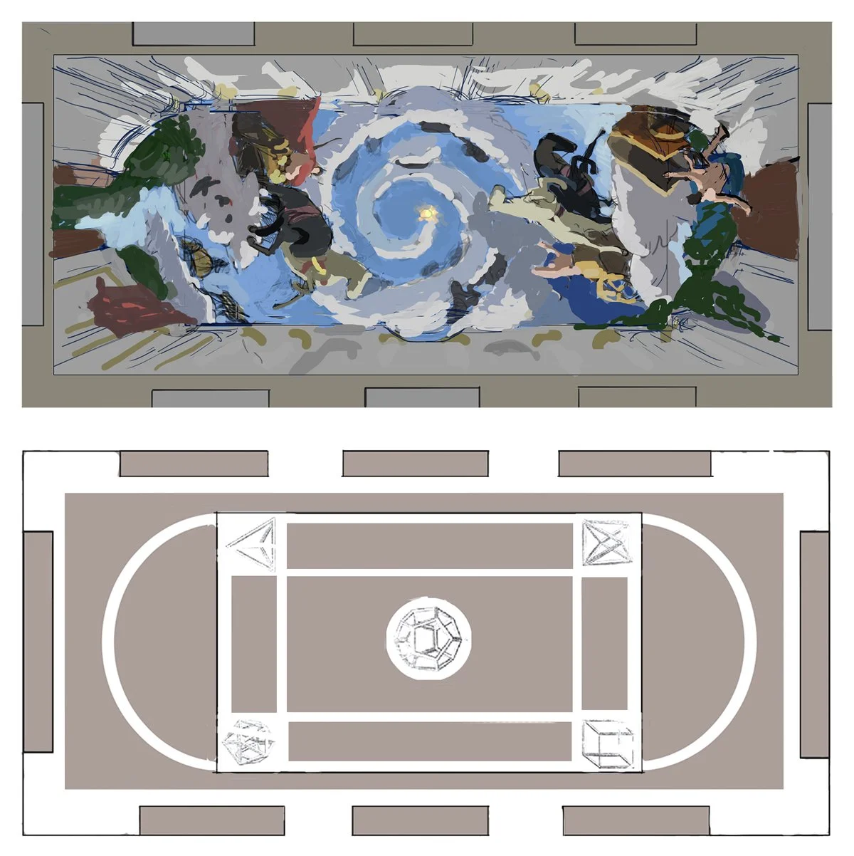  Preliminary sketches for the ceiling painting and ornate floor by Leonid Ilyukhin, establishing the decorative program of the hall, including the ceiling composition—illustrating Plato’s  Chariot Allegory  from the  Phaedrus —and the geometric desig