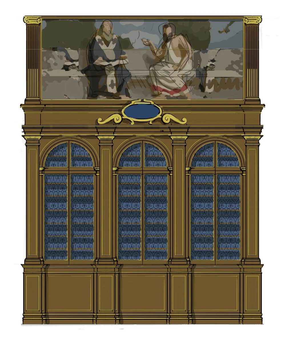  Preliminary sketch for the library by Leonid Ilyukhin, defining the rhythm of the bookcases and their integration with the architectural space; this initial version extends the wooden structure up to the roof, creating space for paintings and busts 