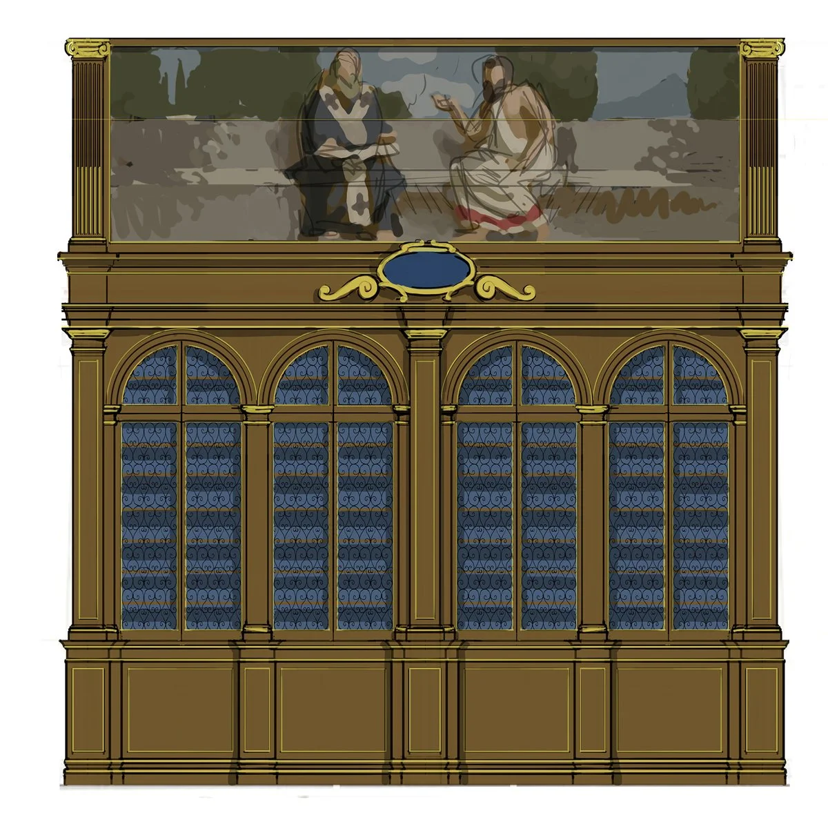  Preliminary sketch for the library by Leonid Ilyukhin. Long side of the hall. 