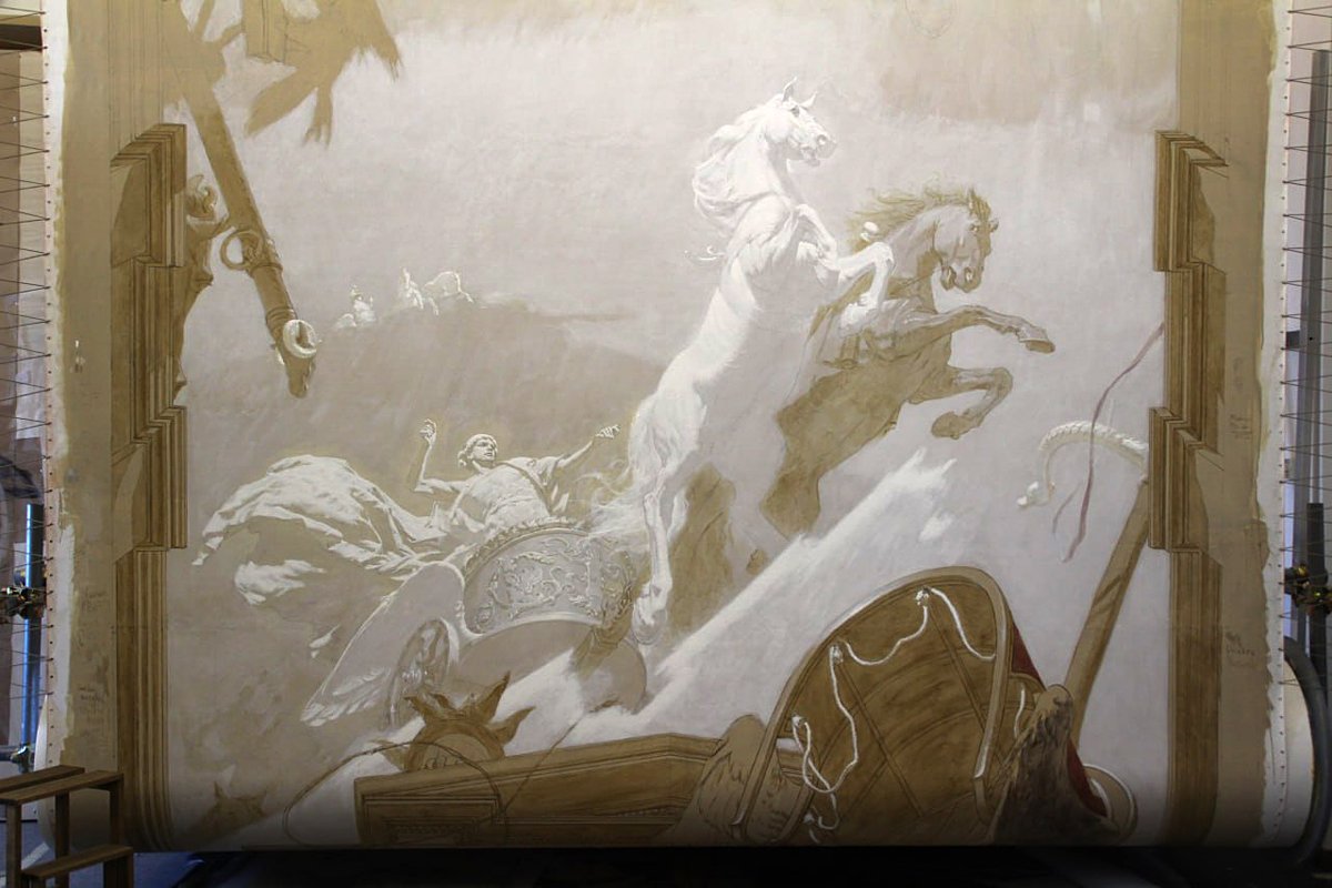  A progress image from September 2025, showing the final painting in execution on a 11,25×3,35m canvas, later to be installed as part of the ceiling composition. To stay updated on the progress of this unique project, you are welcome to follow  Leoni