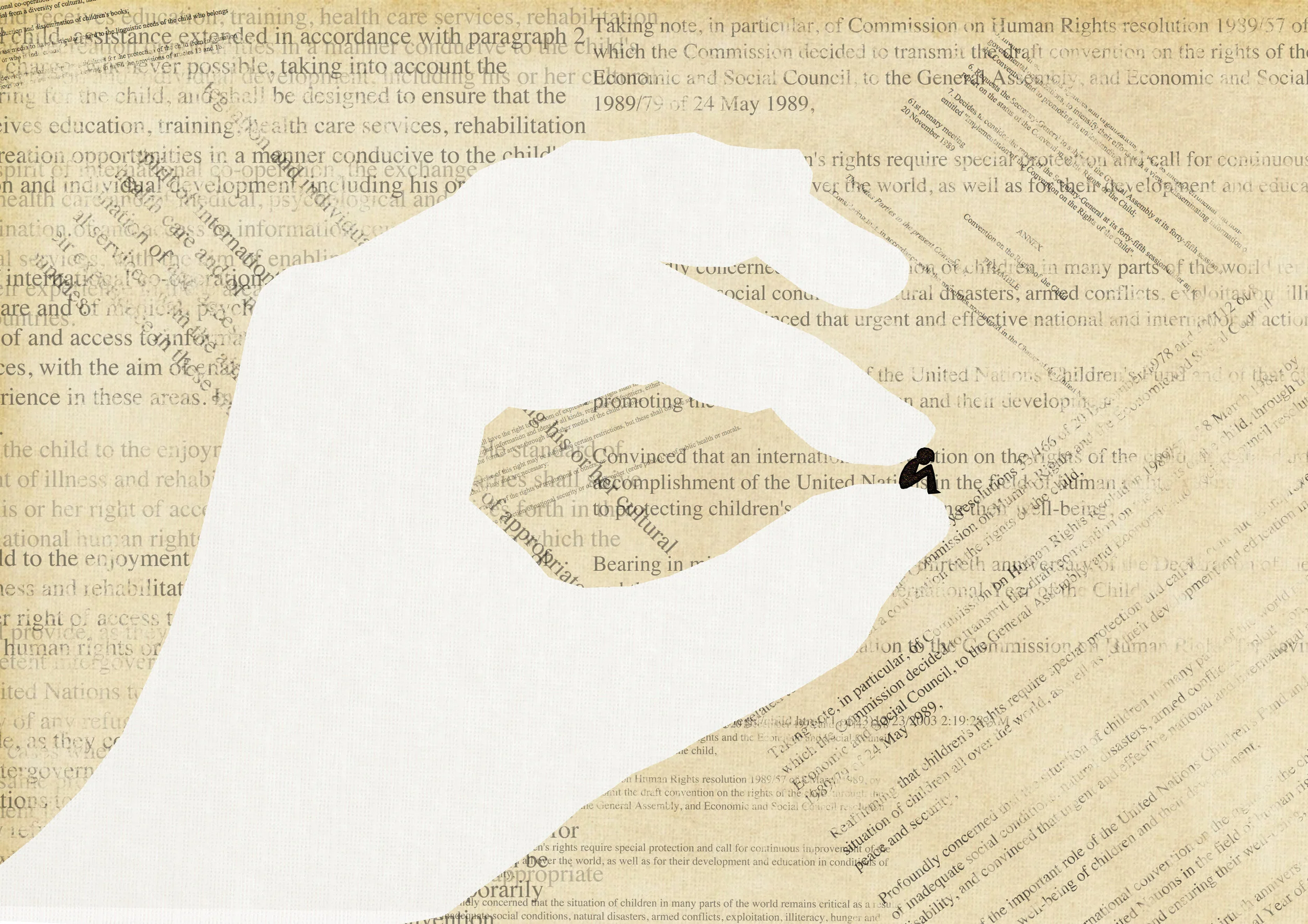 big white hand holding a sitting person between two fingers against a background collage of newspaper texts