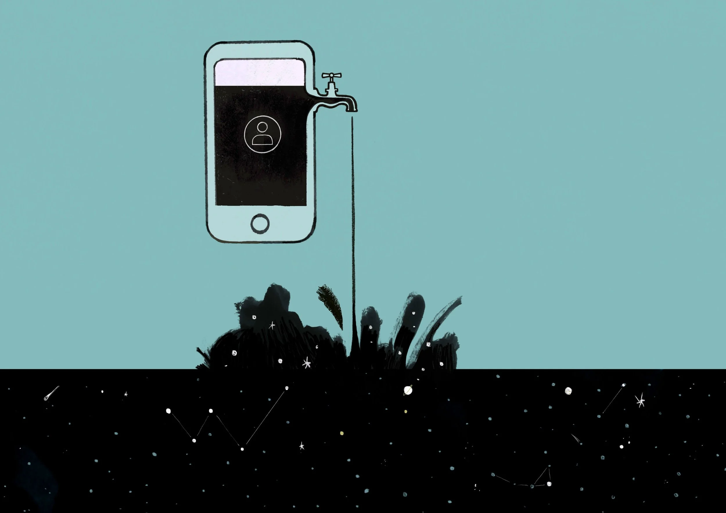 Illustration of a smartphone with a faucet attached, dripping a liquid that turns into stars and constellations against a dark background.