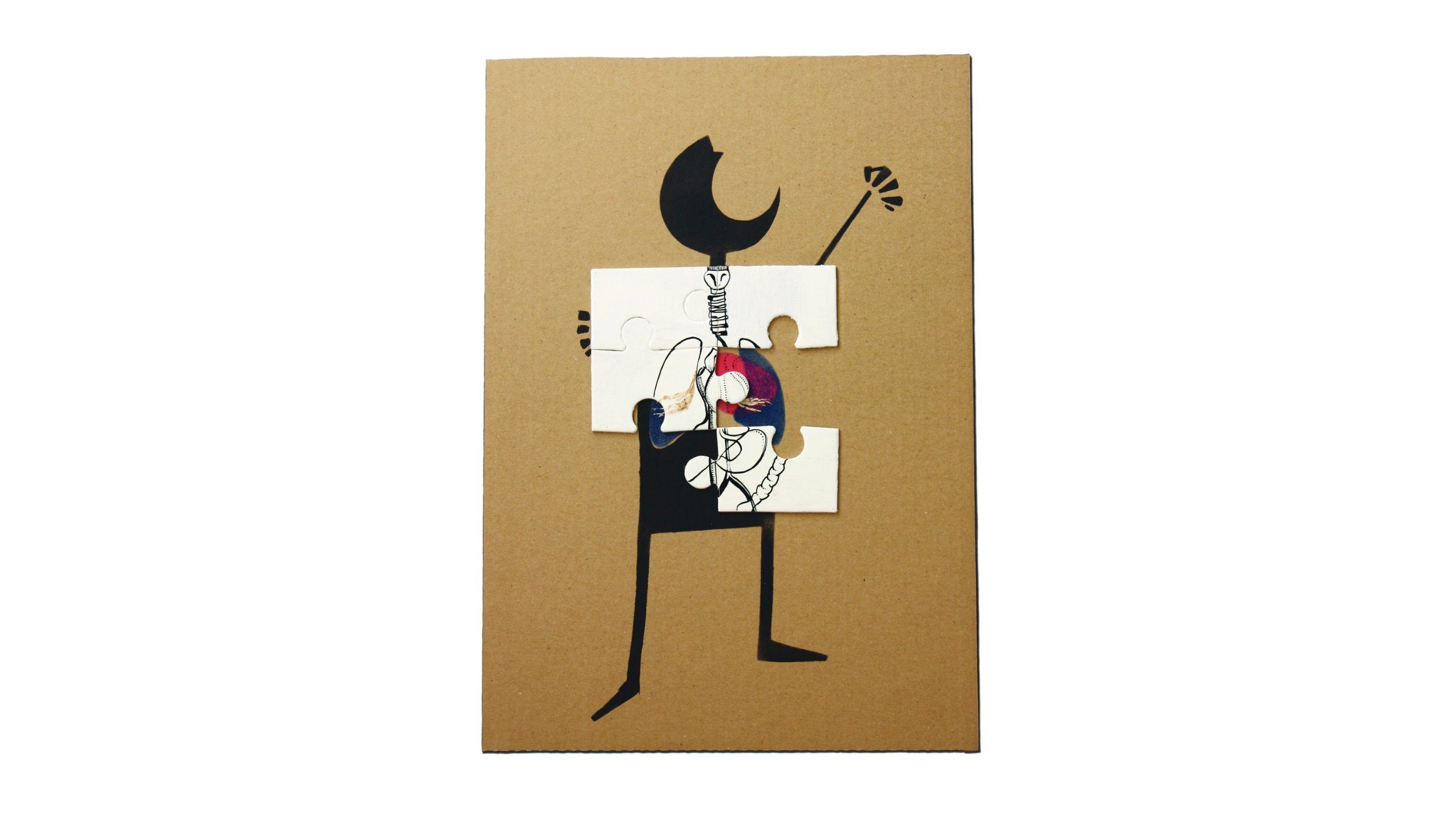 person in black with puzzle pieces on the chest area with illustrations of lungs and internal organs raising their fist in the air