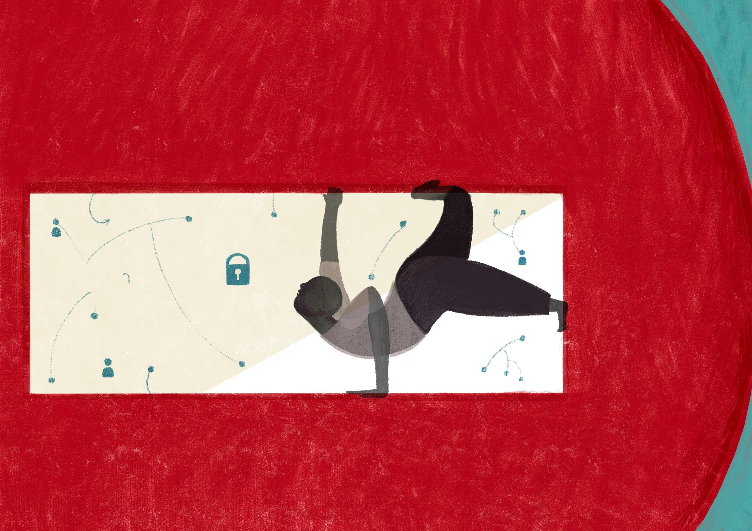 This illustration has a deep red background, similar to a ban sign, with a cut out in the middle. A translucent and dark figure of a child, shadow-like, is gripping the edge of the beige cut out and peering inside. There are small teal social media icons with lines connecting them; there is also a teal 'lock' amidst the network.