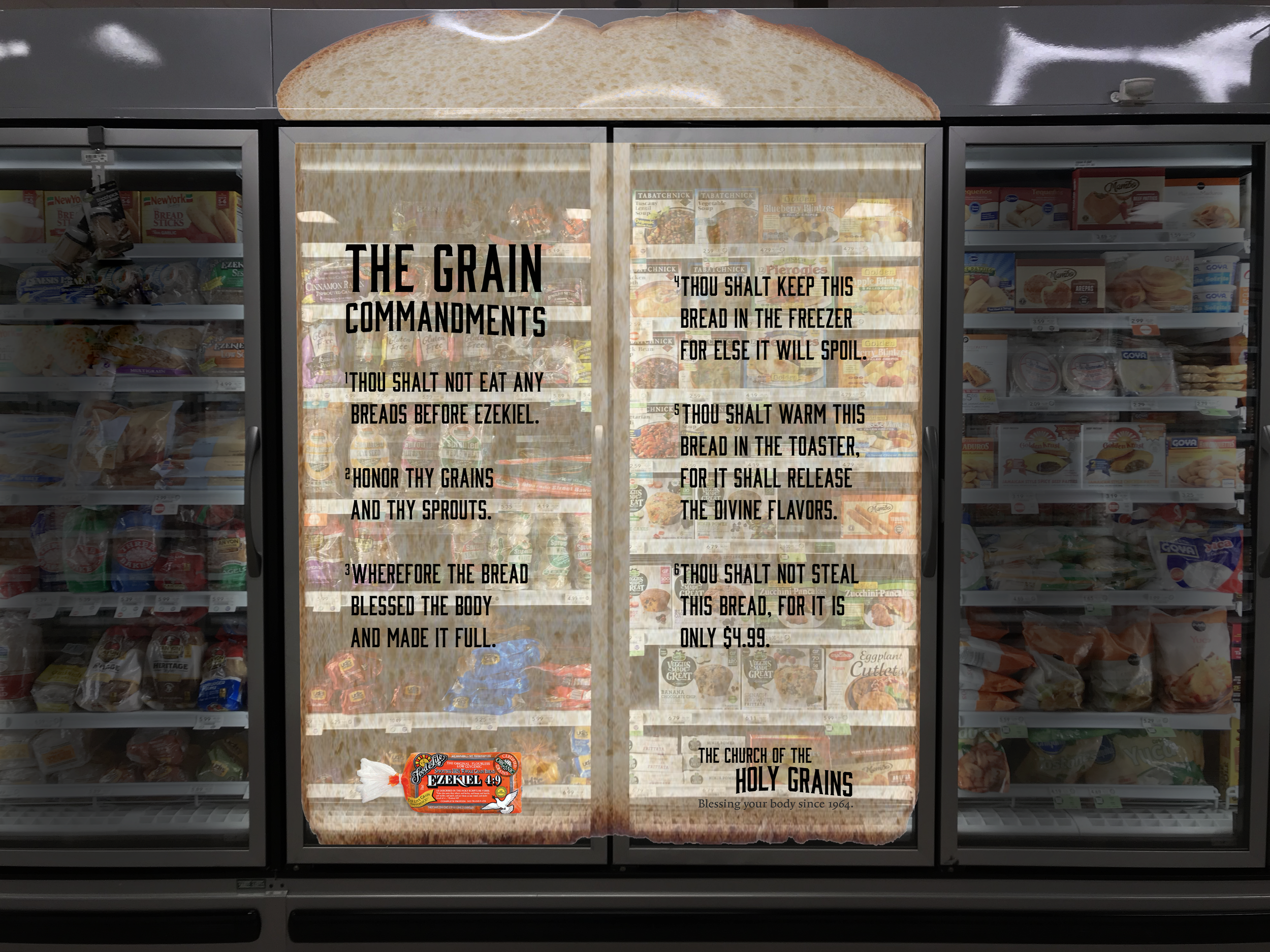 When shoppers walk down the freezer aisle they’ll see the bread-slab decal with the six Grain Commandments. When they open the freezer doors, a pleasing choir will play (click the play button below to hear).