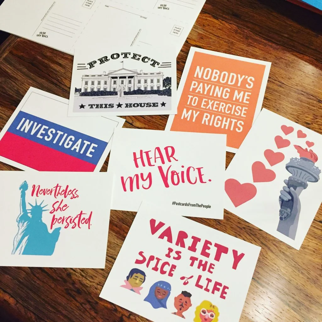 Several Postcards From the People designs are displayed, including postcards that read, "Investigate," "Nevertheless, she persisted," "Variety is the spice of life," and "Nobody's paying me to exercise my rights."