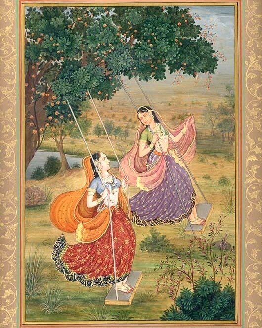 Another depiction of women swinging, wearing their colourful ghaghra choli.

Source- exoticindiaart.com