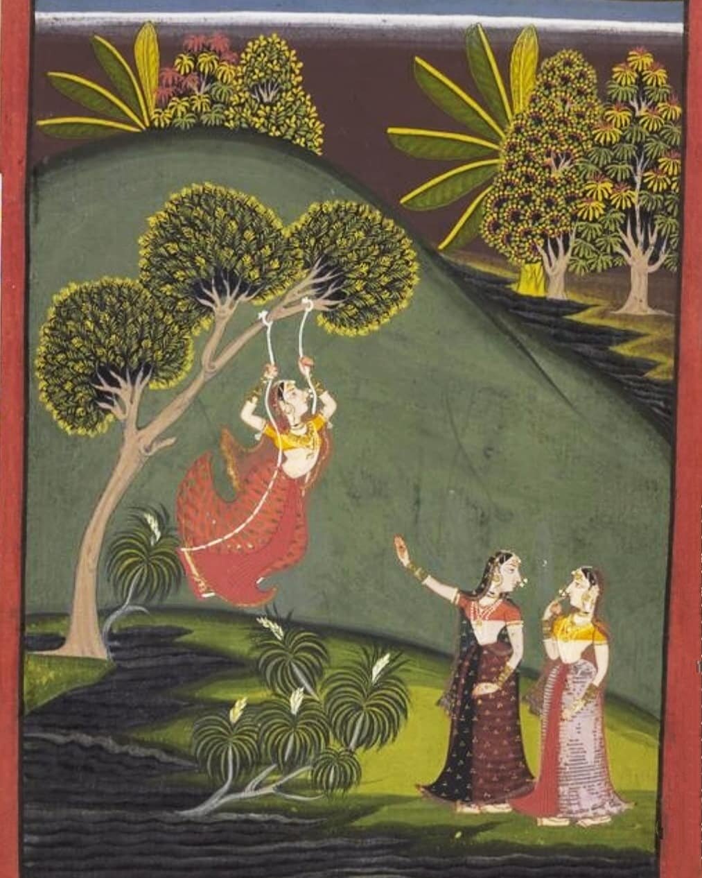 Women in leisure, one woman is swinging on a peepul tree while other two have a conversation. Found in a collection of Barahmasa (song of the seasons) series, these miniatures were made in circa 1680-1700. 

These paintings from Mewar (now Rajasthan,