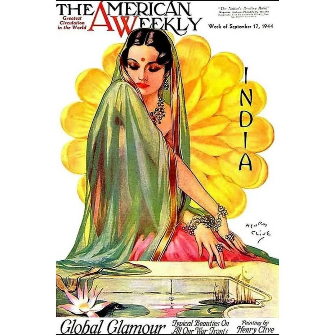 India by Henry Clive (Australian-American), mixed media painting for American Weekly magazine, September 17, 1944 #India #HenryClive #theamericanweekly #sarihistory