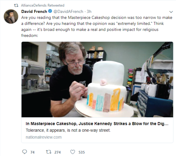 Alliance Defending Freedom retweets David French who claims that the Supreme Court decision is "broad enough to make a real and positive impact for religious freedom."