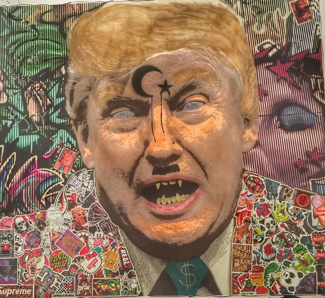 Mein Trumpf , JAF - 40"x40" - Mixed Media: Cheeto dust, acrylic, ink, graphite, stickers, glitter - $500 starting bid