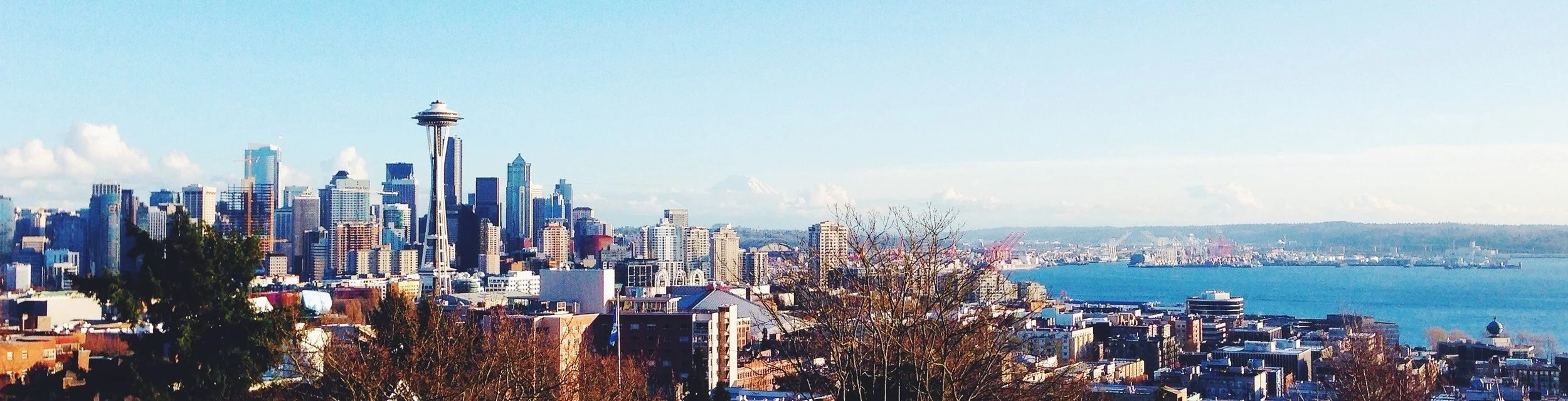 Image description: Distant view of downtown Seattle on a bright, sunny day Photo by Thorsten Beeck