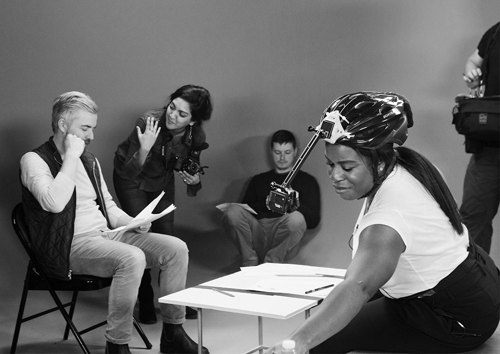 Uzo Aduba wearing motion-capture technology on set.