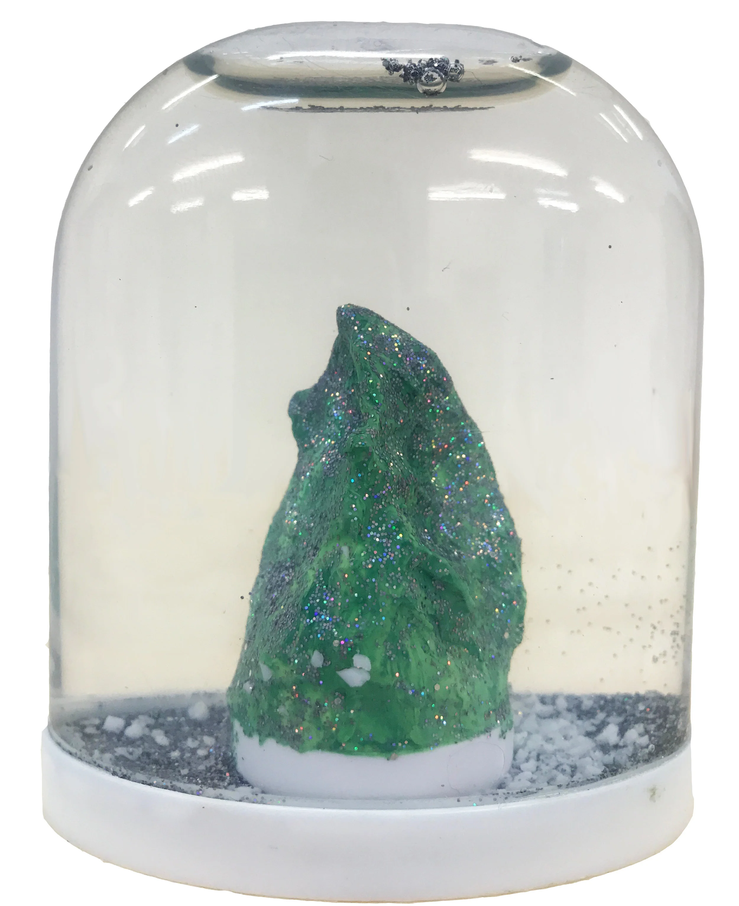 Plasticine, fake snow, glitter, glycerine, water, plastic 6.5 x 8 x 3.5 cm, 2018