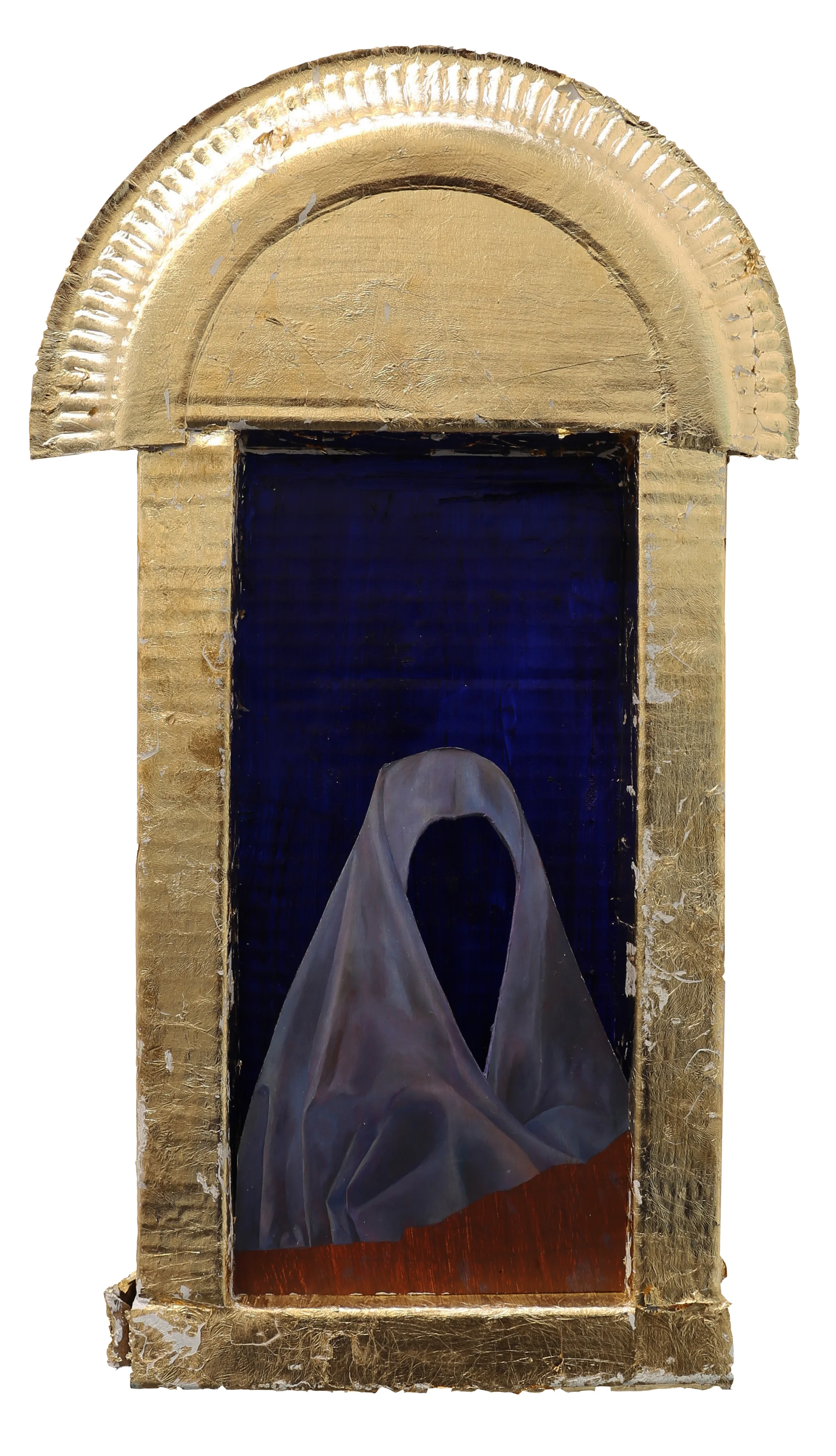 Paper plate, cardboard, gold leaf, card, oils, acrylics 35 x 20 x 4 cm, 2018