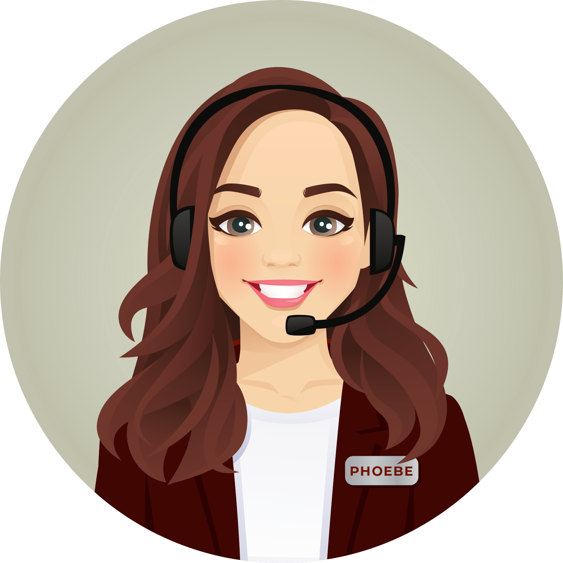 illustration of brown haired woman wearing a headset and a nametag that reads Phoebe