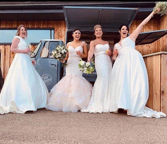 Why have one beautiful bride when you can have four?! 👰🏻👰🏼👰🏻👰🏼 Four of the absolutely stunning models posing with The Wee Dram Van outside @coco_salon_spa  yesterday 😍💖🥂 #highlandwedding #theweedramvan #wildhighlanddrinksco #highlandbrides