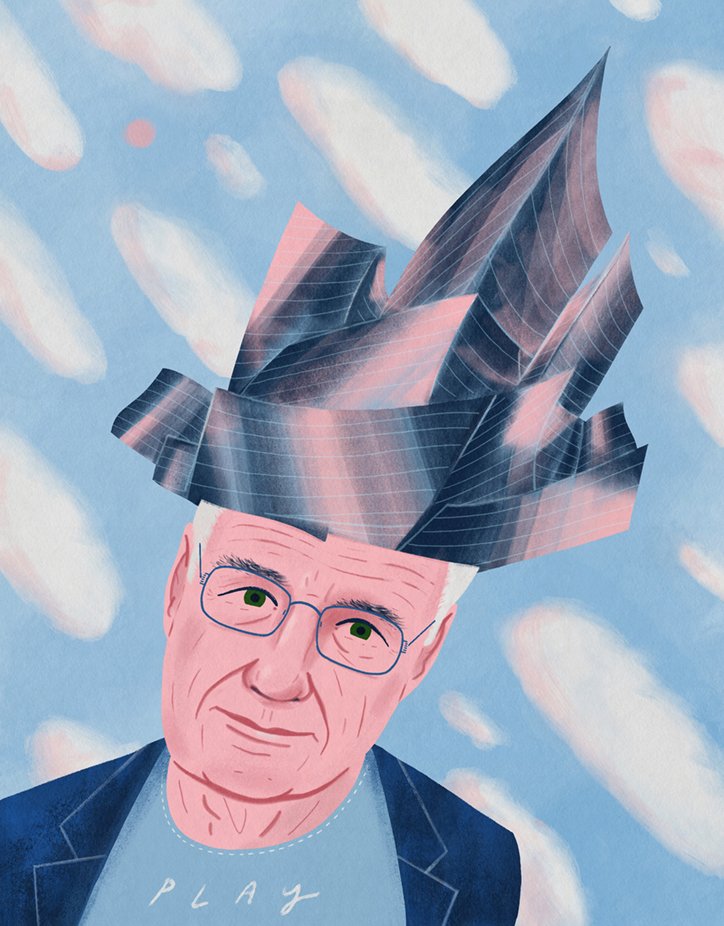This personal illustration interprets Frank Gehry’s practice as playful exploration. A building becomes a hat, proposing architecture not as monument, but as an evolving, curious process driven by experimentation.