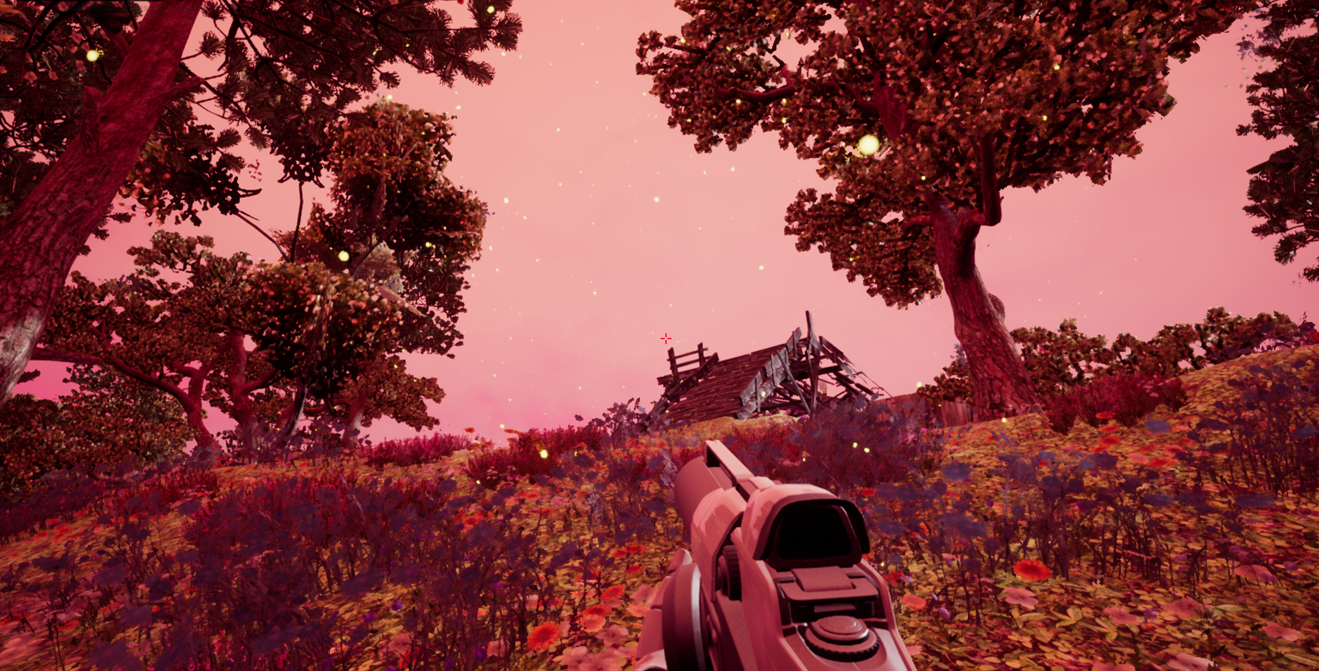    For added visual flair, I also created my own custom particles; these fireflies you see on screen. They float around in semi-random flight paths, glow, and disappear after some time. They can only be found in the two wooded areas, to keep them tru