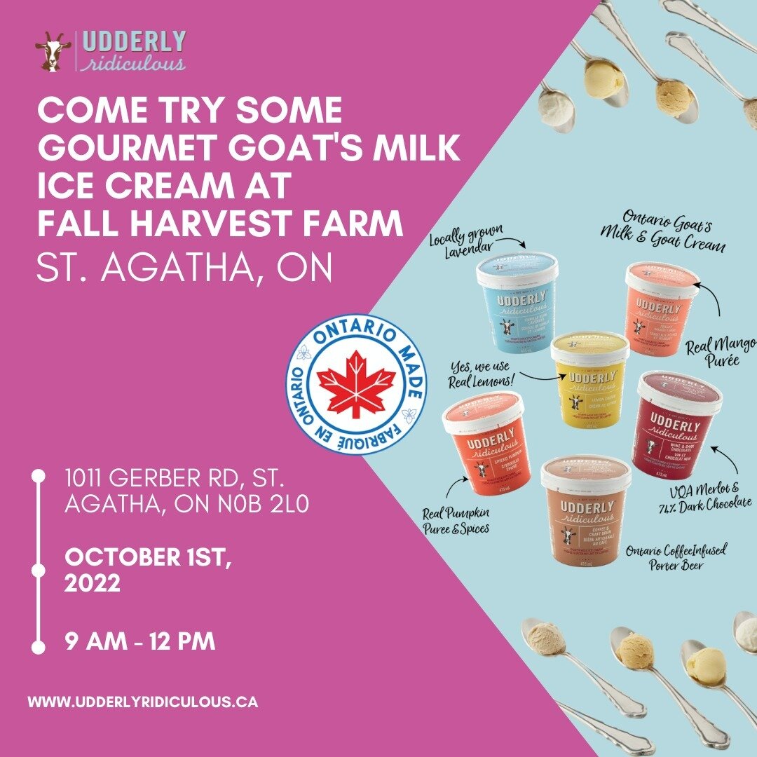 Come say hi and try some Udderly Ridiculous' artisanal gourmet goat milk ice cream this Saturday, October 1st at the amazing Fall Harvest Farm from 9 AM - 12 PM, 1011 Gerber Rd, St. Agatha, ON N0B 2L0

Fall Harvest Farm has been providing Kitchener-W