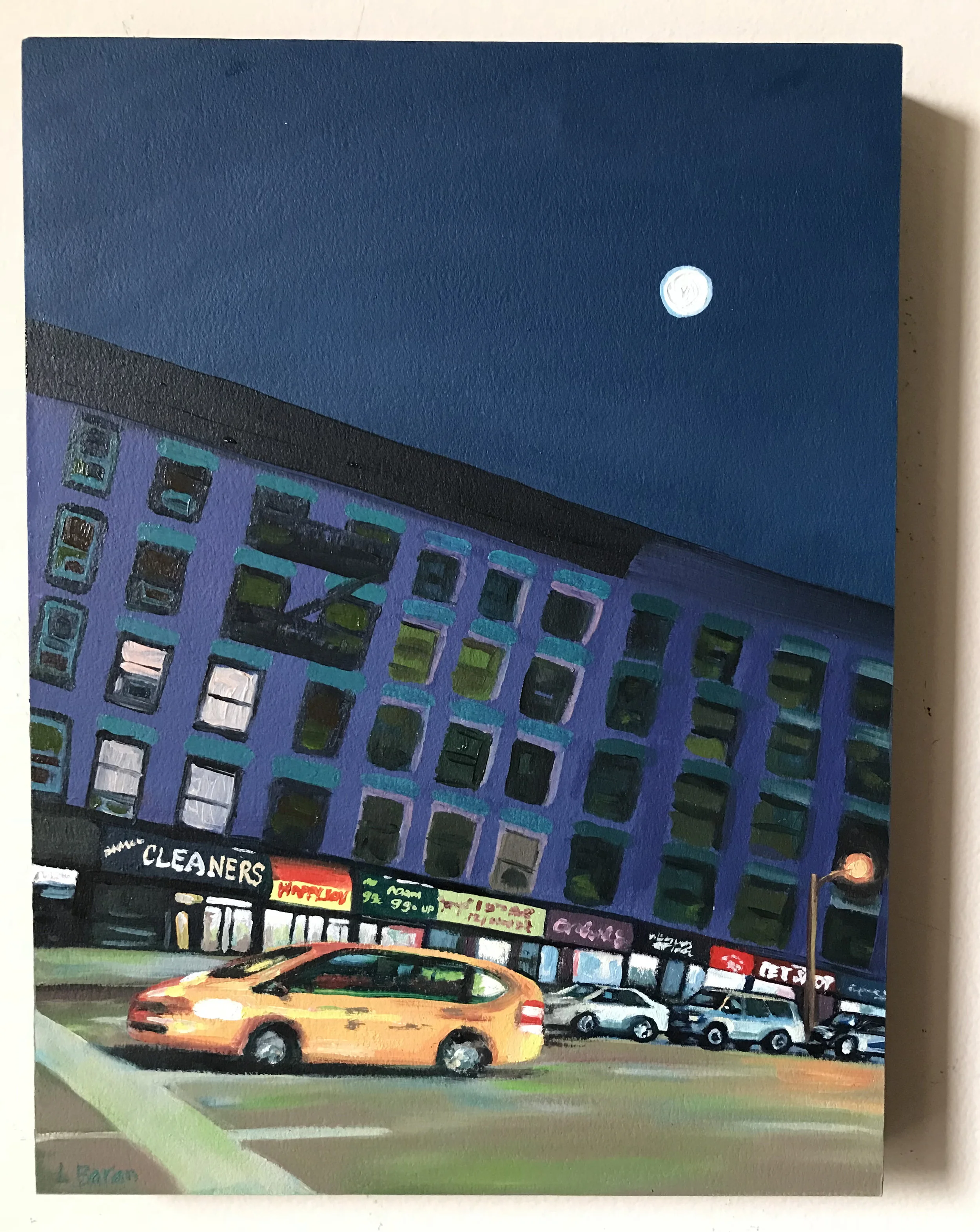 Full Moon on 10th Ave<br>Oil on paper mounted on panel, 9" x 12"<br>2018