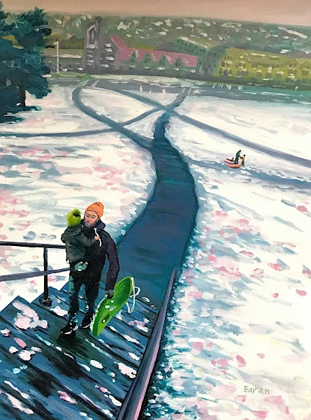 Sledding in Ithaca. Oil on paper mounted on panel, 16" x 12" 2019