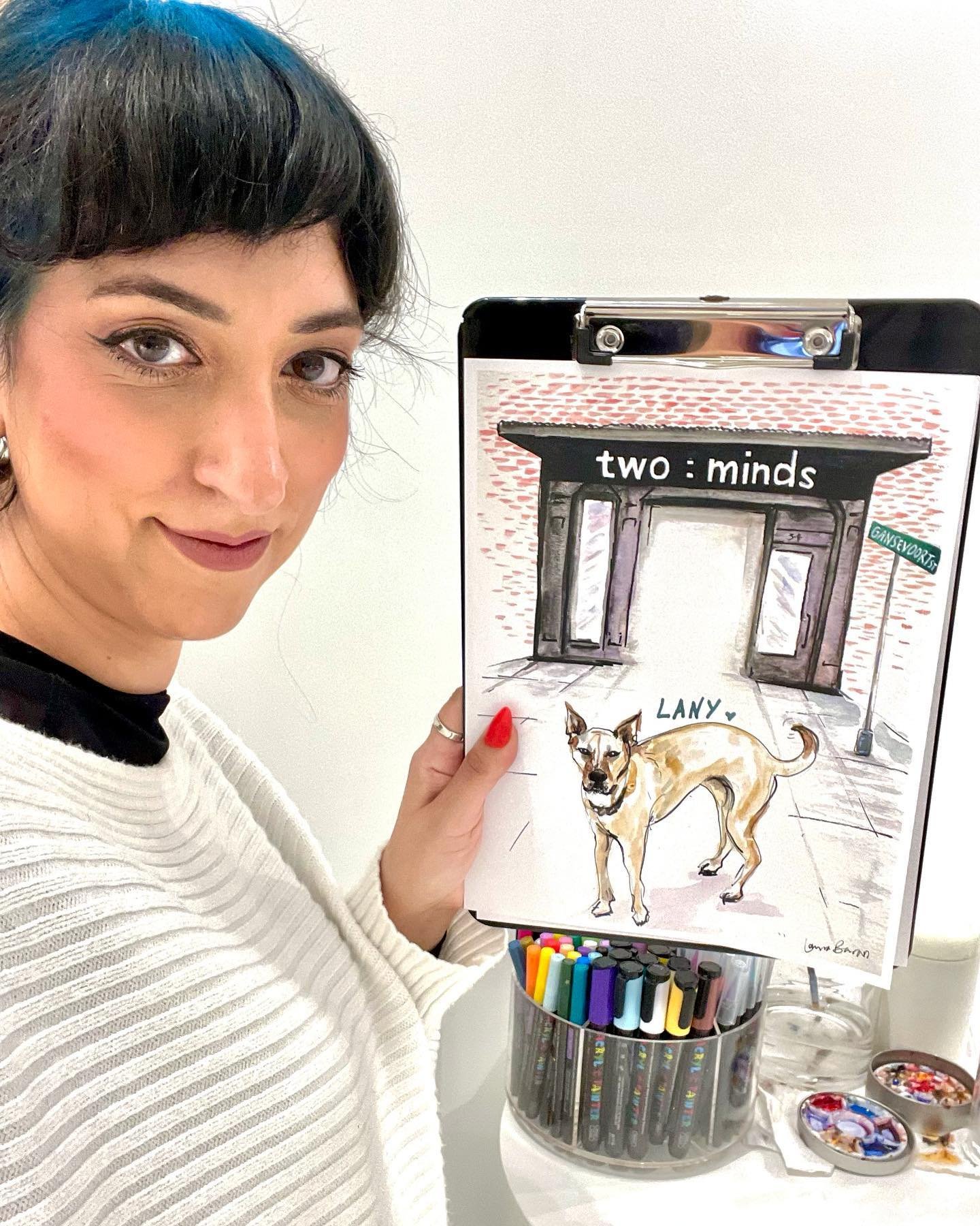 Grateful I got to sketch pet portraits at @twomindsnyc 
It was cuteness and fashion in full bloom 🩵 

Thanks @monsieur_dani for inviting me
And @molliegondi for styling me