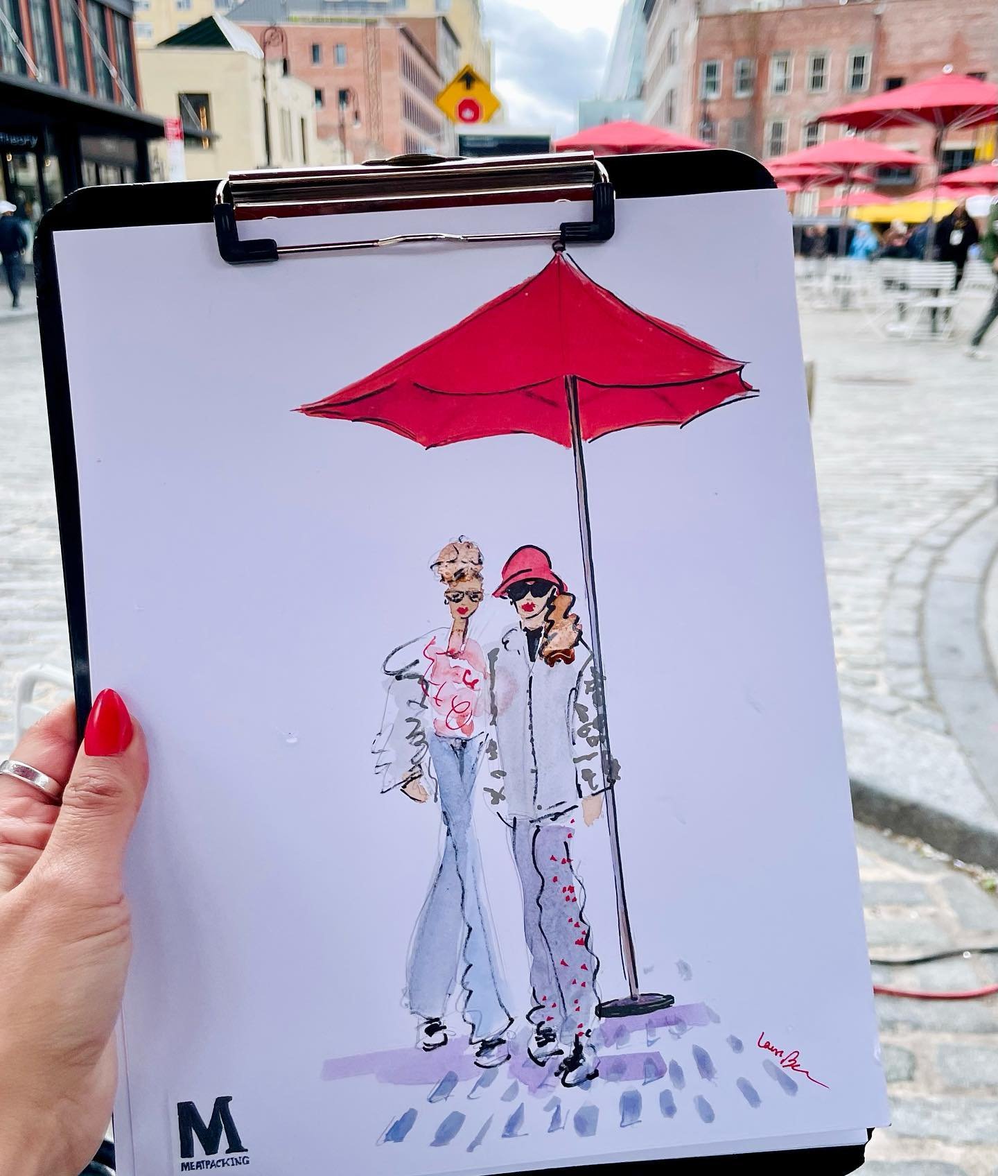 Honored to sketch at Meatpacking&rsquo;s Return of the Red Umbrellas today. A music-filled, windswept community event - always a fun time @meatpackingny 

Got to catch my red umbrella art affixed on a table in Gansevoort Plaza, what a feeling

Thank 