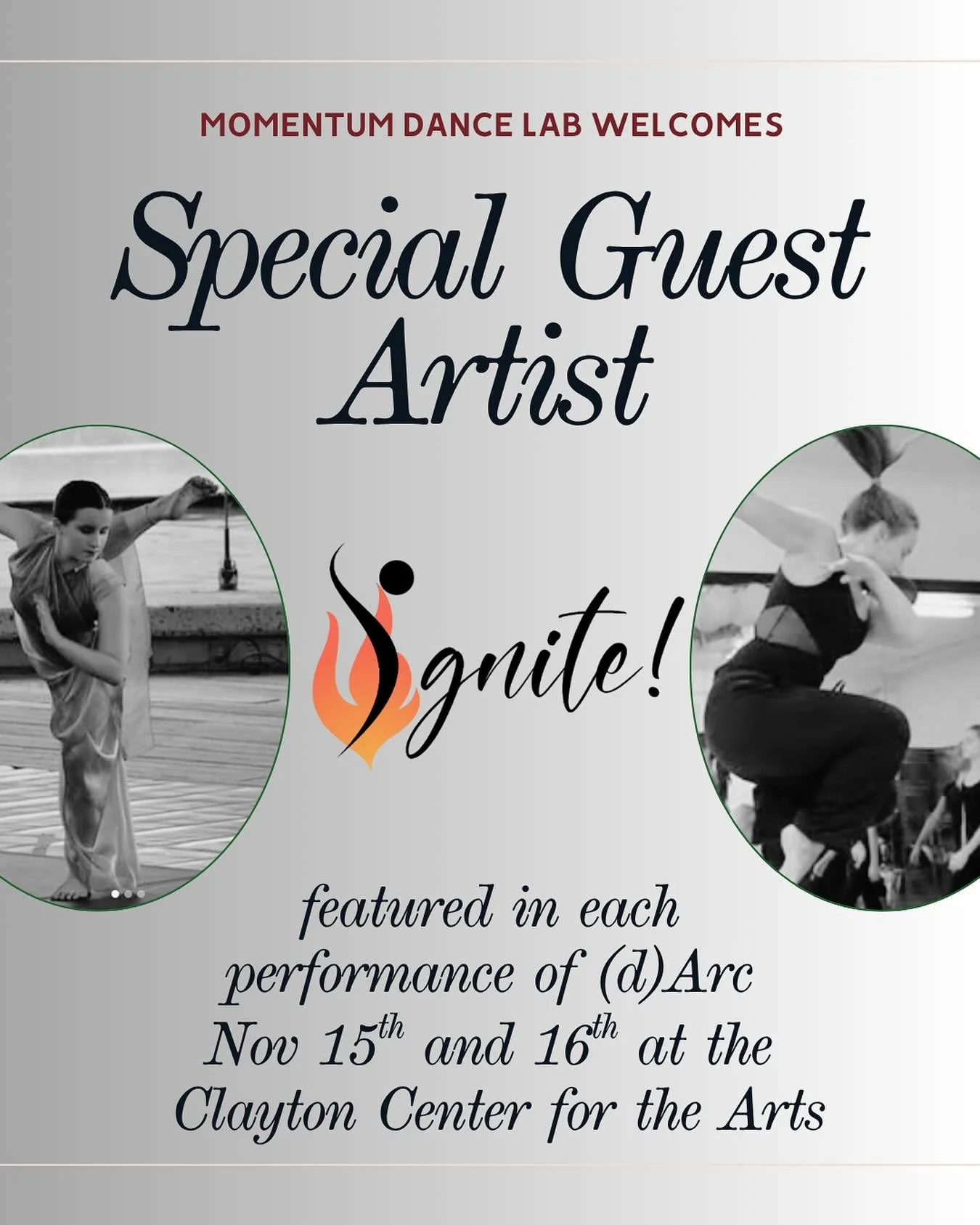 Momentum is thrilled to welcome Ignite! to our production of (d)Arc. Ignite! is powered by Dancers Studio and will present a piece in each of our shows on Nov 15th and Nov 16th. Tickets available soon!