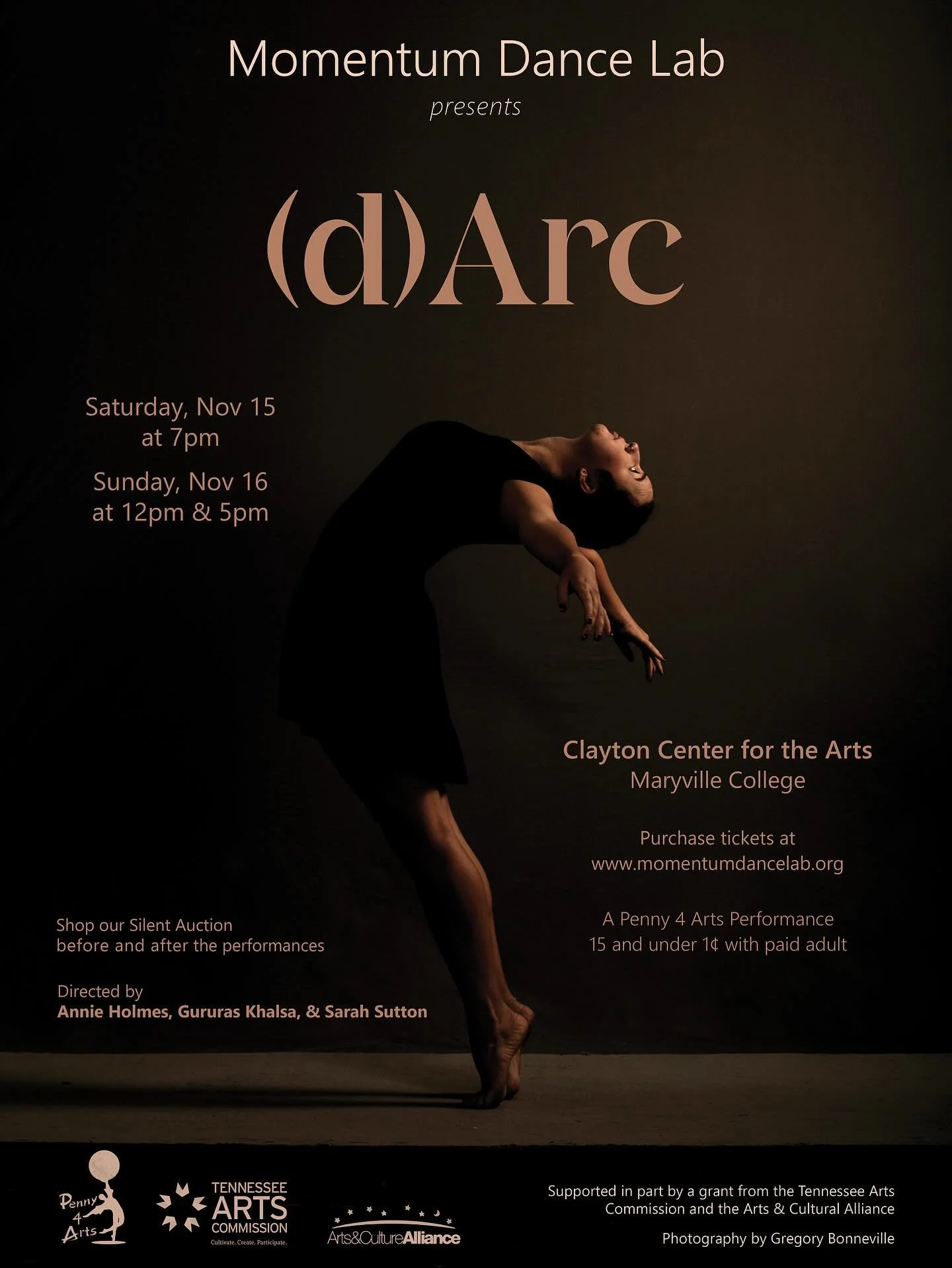Momentum Dance Lab presents our 17th annual production! This year it&rsquo;s titled (d)Arc, with evening length presentations of mostly modern dance. Shows will take place at the Clayton Center for the Arts at Maryville College on November 15th at 7p