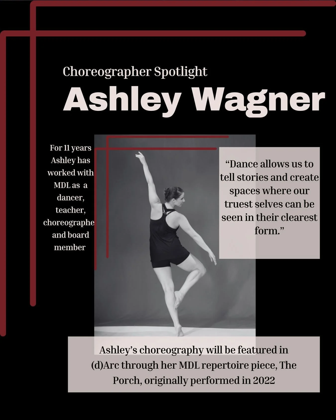 Tonight we spotlight Ashley Wagner! Ashley joined MDL in 2014 and is excited to bring back her work, The Porch, to (d)Arc. Nov 15 and 16 shows available with tix in link tree!