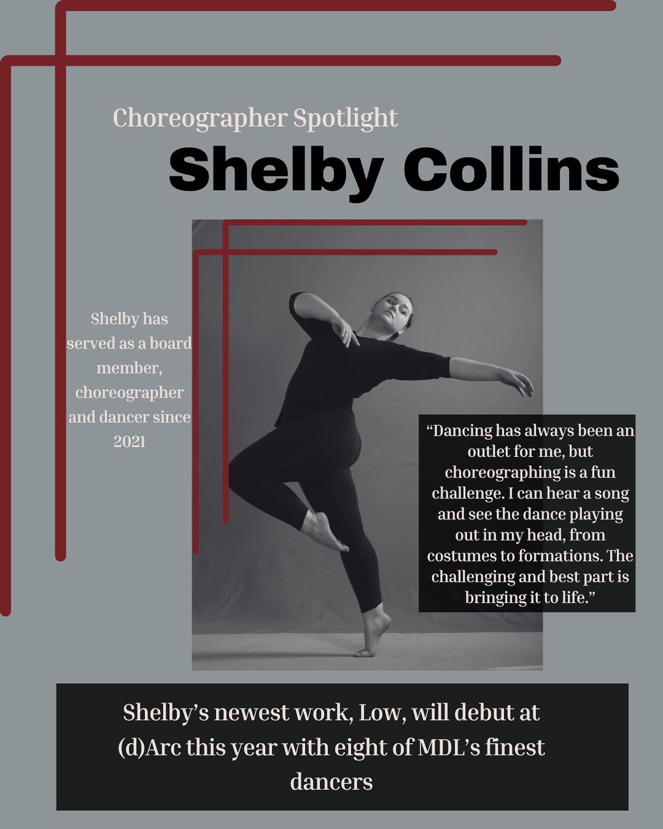 Choreographer spotlights continue with Shelby Collins! Shelby has given MDL so many wonderful pieces. Her newest work, Low, will be seen for the first time at (d)Arc on Nov 15 and 16. Tickets in link tree! @shelbywp8
