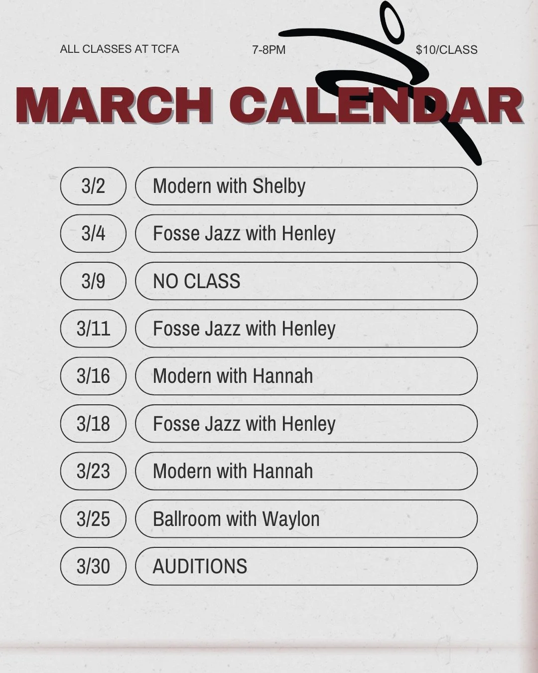 🤩MARCH CLASSES🤩 
We have a mix of everything this month! See you there!
