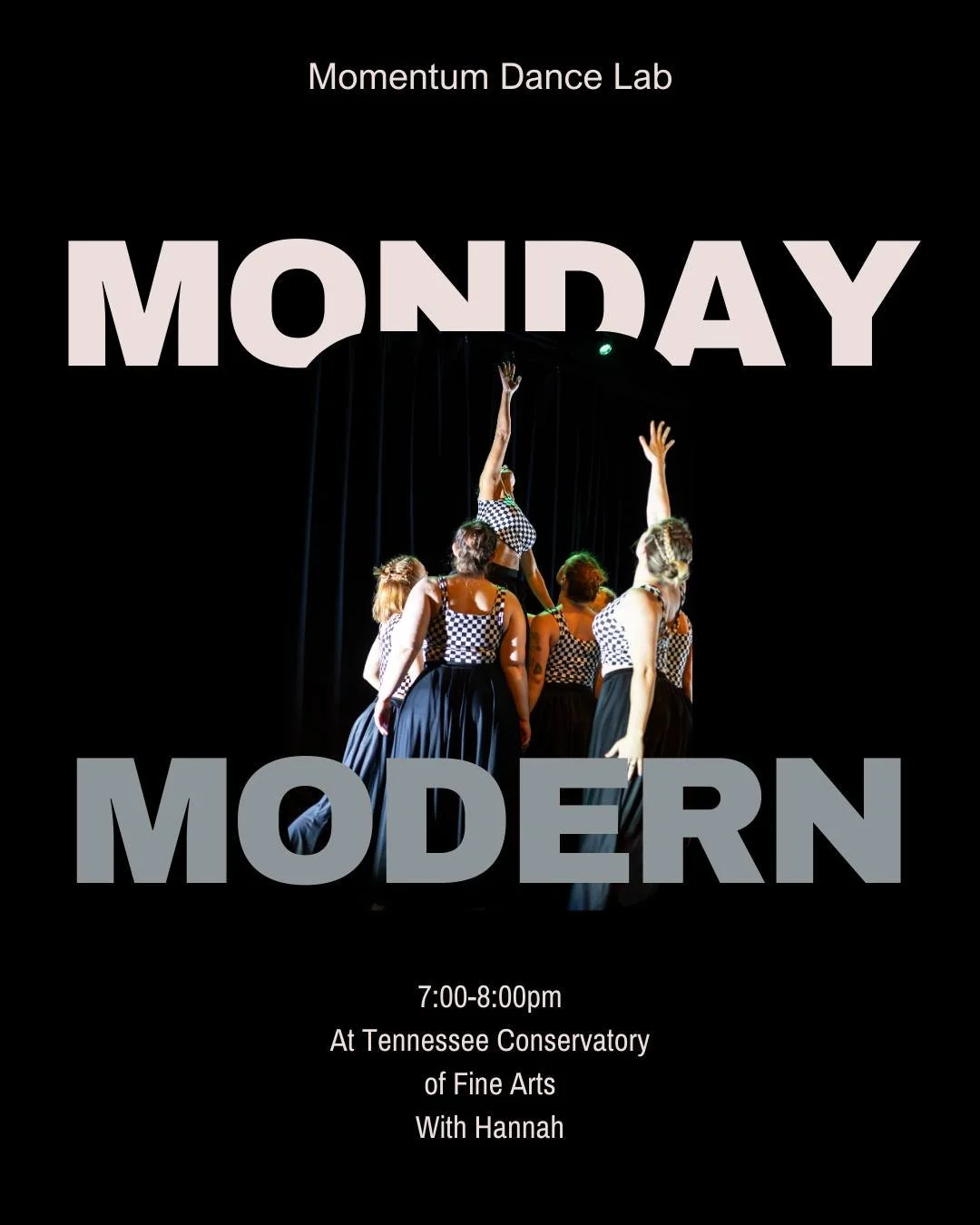 Join us tonight for Intermediate/Advanced Modern with Hannah! 7:00-8:00 PM Monday at the Tennessee Conservatory of Fine Arts.