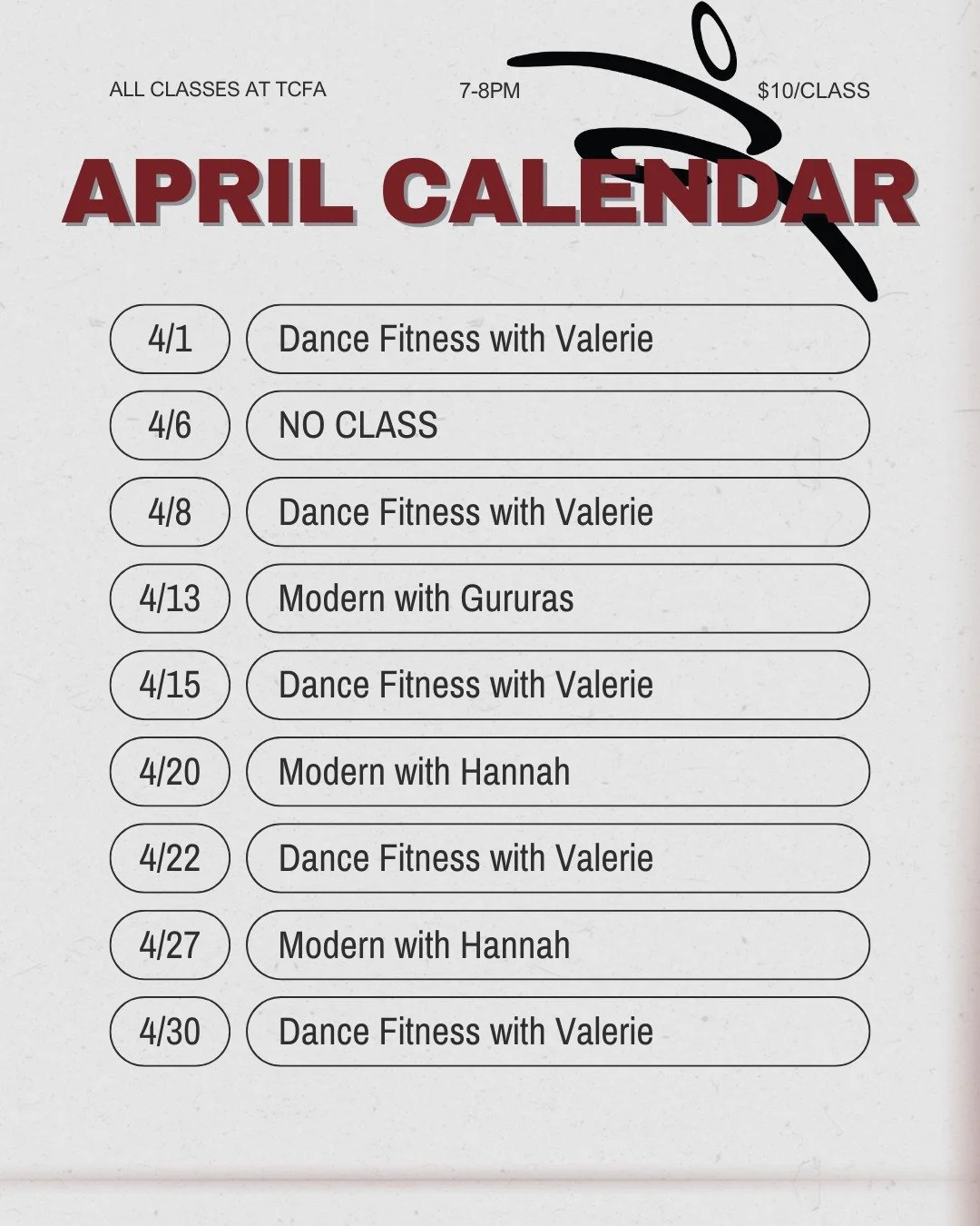 APRIL CLASSES!!!!!!!!!!

We are kicking off April with a Dance Fitness class taught by Valerie(instructor and studio manager @flydancefitness.knoxville). This class is a high-cardio dance fitness format, and Valerie will break down each routine, so y