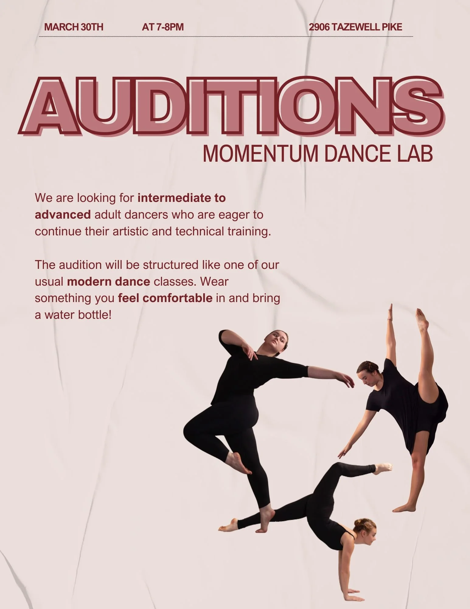 TONIGHT, Momentum Dance Lab will be holding AUDITIONS!
We are looking for intermediate to advanced adult dancers who are eager to continue their artistic and technical training.
The audition will be structured like one of our usual modern dance class