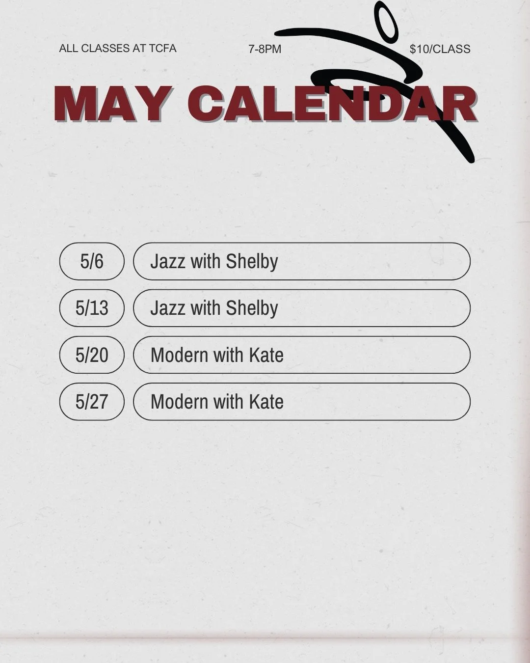 Class Calendar for MAY! Only class on WEDNESDAYS for May😁 
See you there!

⭐Your 1st class is free and after that classes are $10
⭐Wear whatever you feel most comfortable in
⭐Bring water

Class cards are available for purchase!
- 3 class card, $25
-