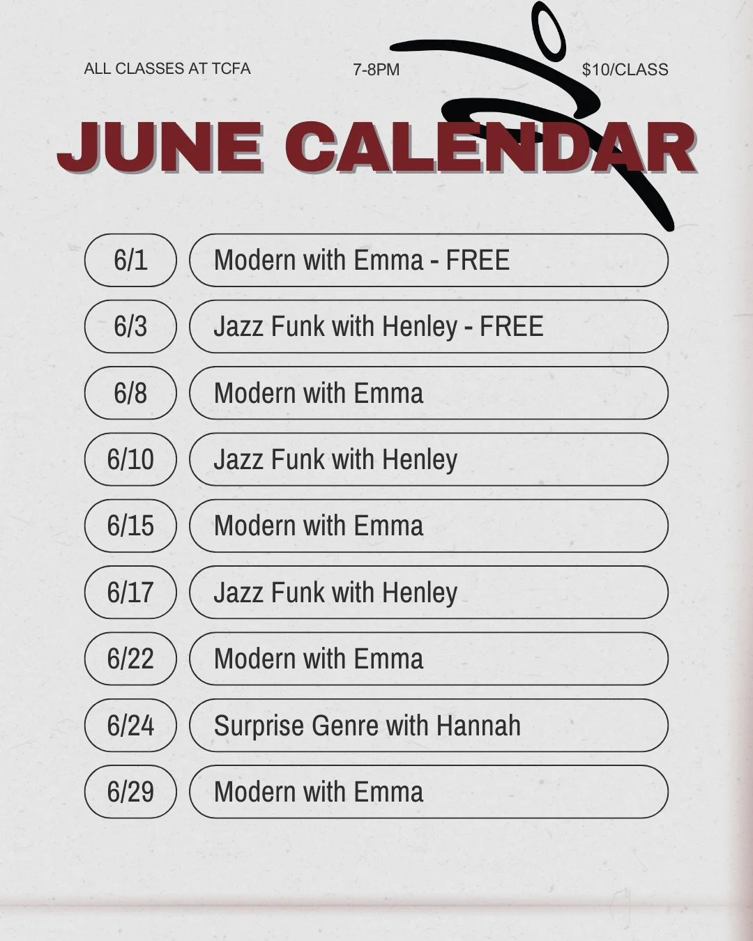 Class Calendar for JUNE! See you there!

⭐Your 1st class is free and after that classes are $10
⭐Wear whatever you feel most comfortable in
⭐Bring water

Class cards are available for purchase!
- 3 class card, $25
- 10 class card, $70
- Annual Pass, 
