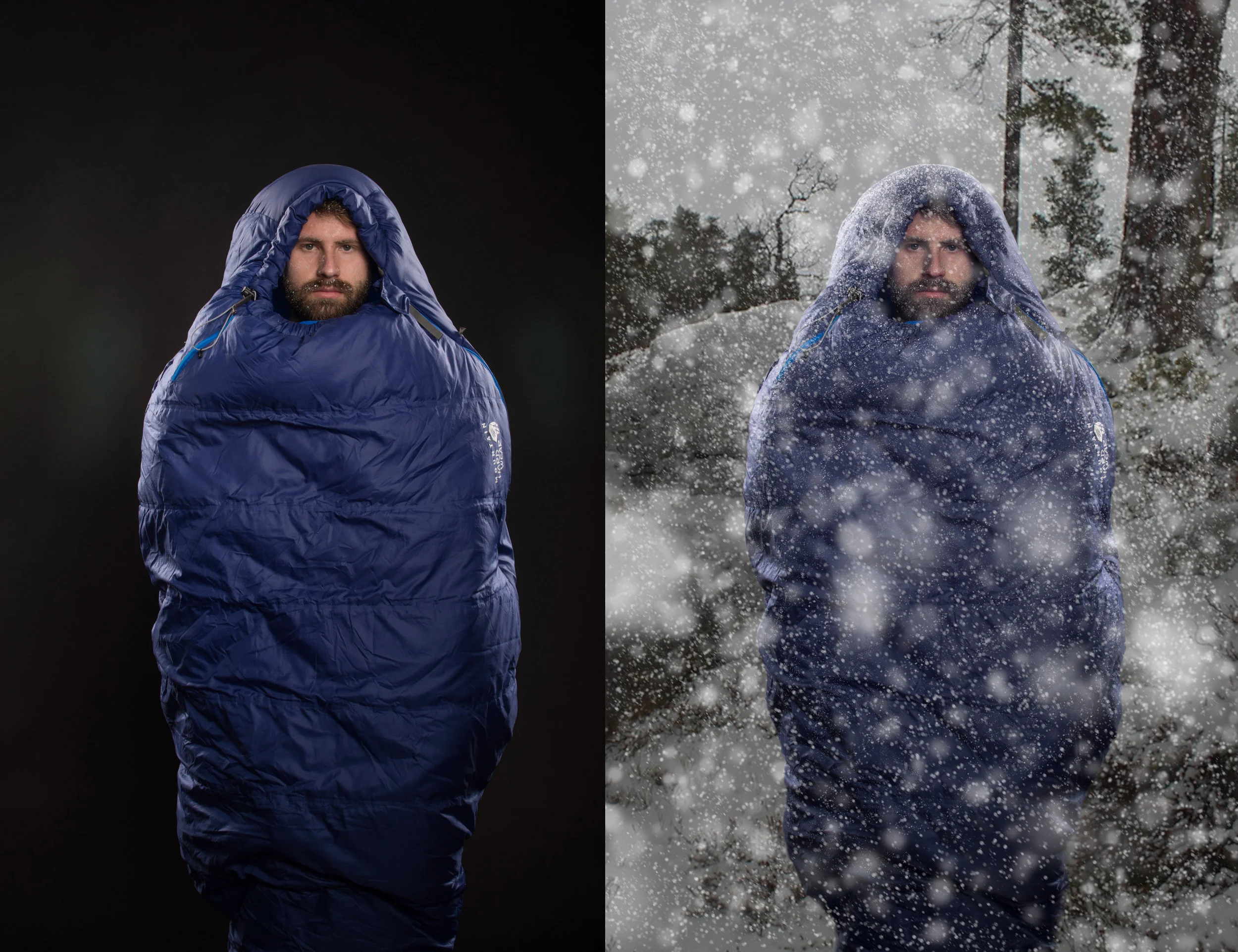 Before (left) and After (right) of Concept Photoshoot of the Mountain Hardware Lamina Torch Z Sleeping Bag.